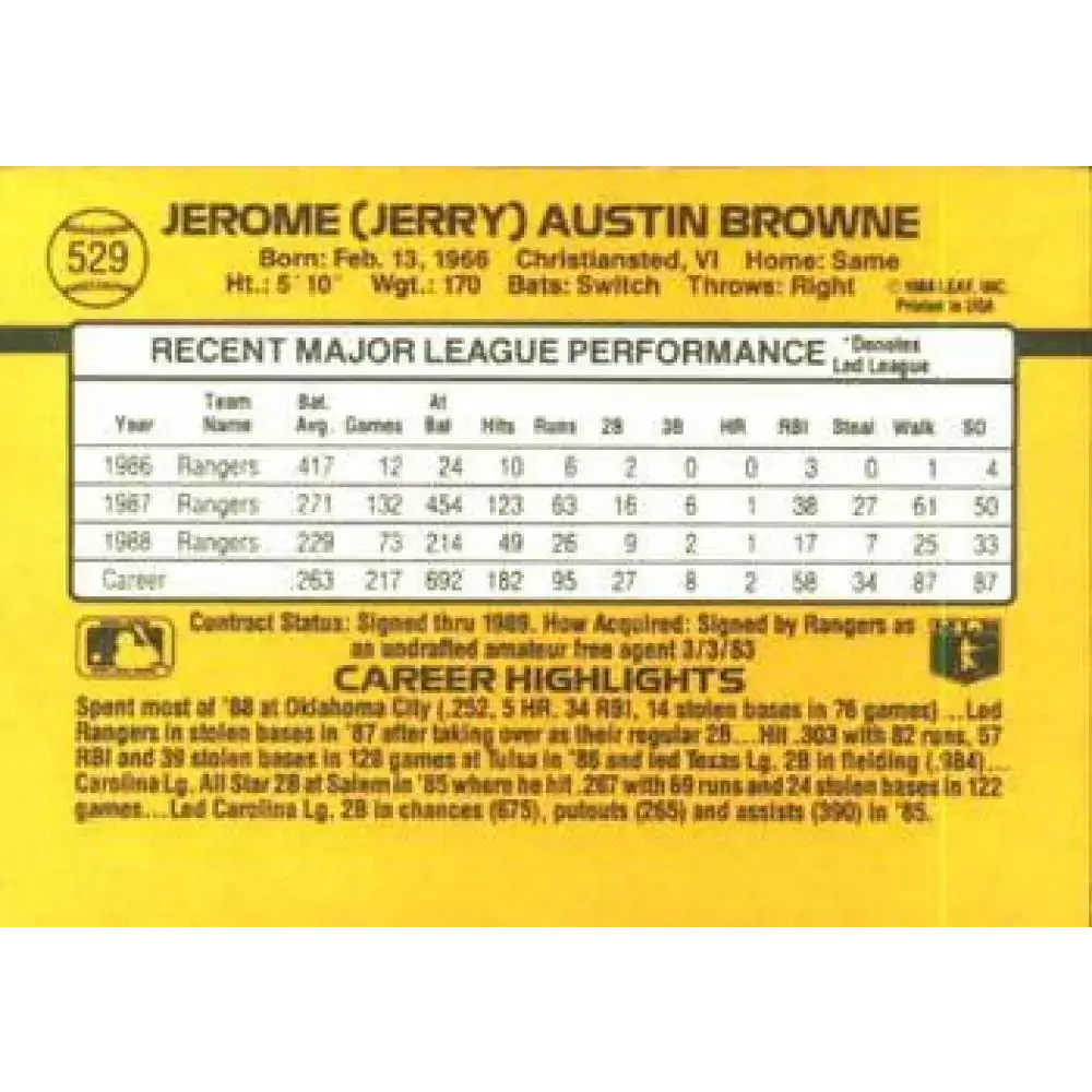 1989 Donruss #529 Jerry Browne DP NM-MT Texas Rangers Baseball Card - Baseball Card Single