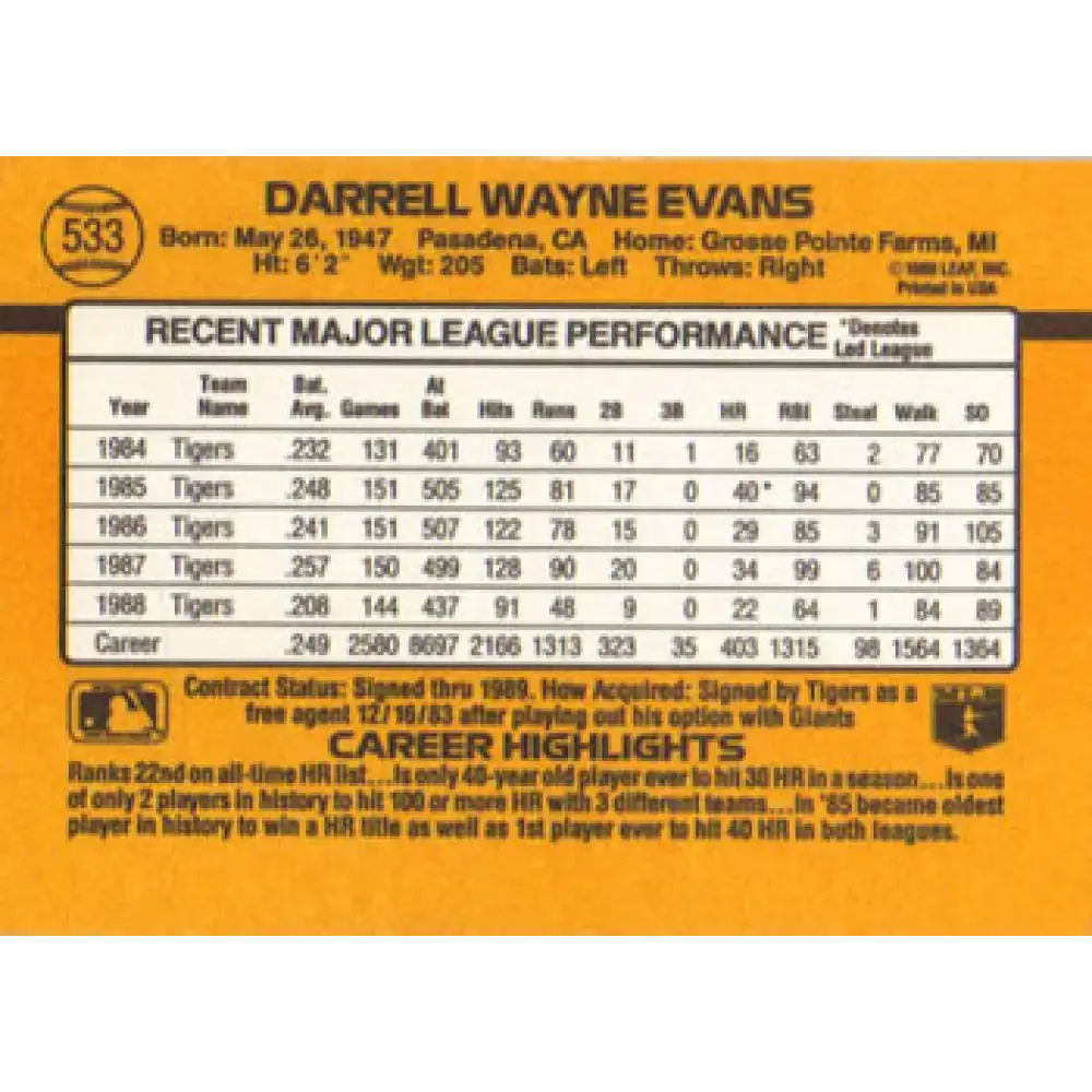 1989 Donruss #533 Darrell Evans DP NM-MT Detroit Tigers Baseball Card - Baseball Card Single