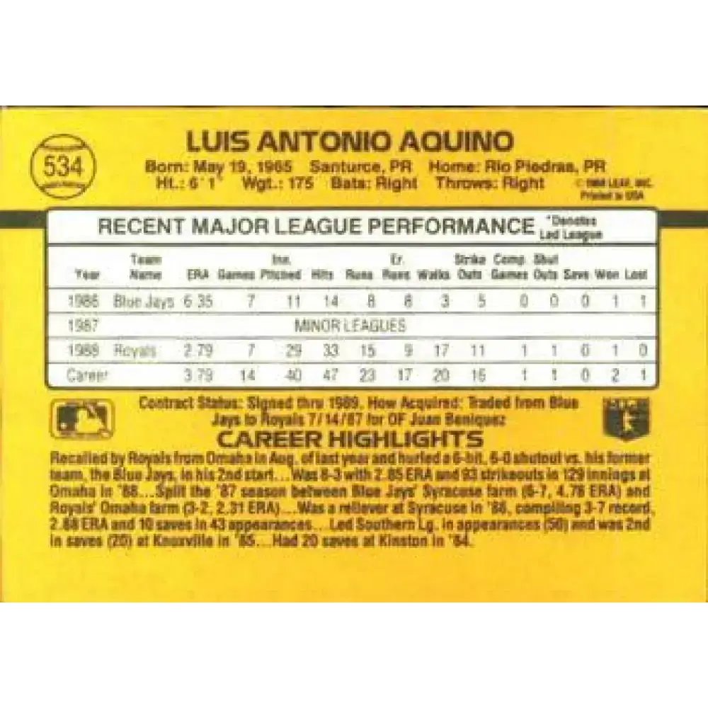 1989 Donruss #534 Luis Aquino DP NM-MT Kansas City Royals Baseball Card - Baseball Card Single