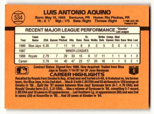 Original gloss baseball card of Luis Aquino Kansas City Royals 1989 Donruss #534