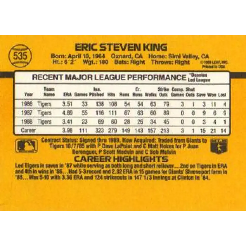 1989 Donruss #535 Eric King DP NM-MT Detroit Tigers Baseball Card - Baseball Card Single