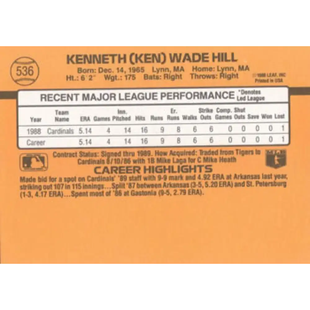 1989 Donruss #536 Ken Hill DP NM-MT RC Rookie St. Louis Cardinals Baseball Card