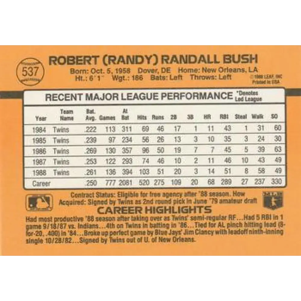 1989 Donruss #537 Randy Bush DP NM-MT Minnesota Twins Baseball Card - Baseball Card Single