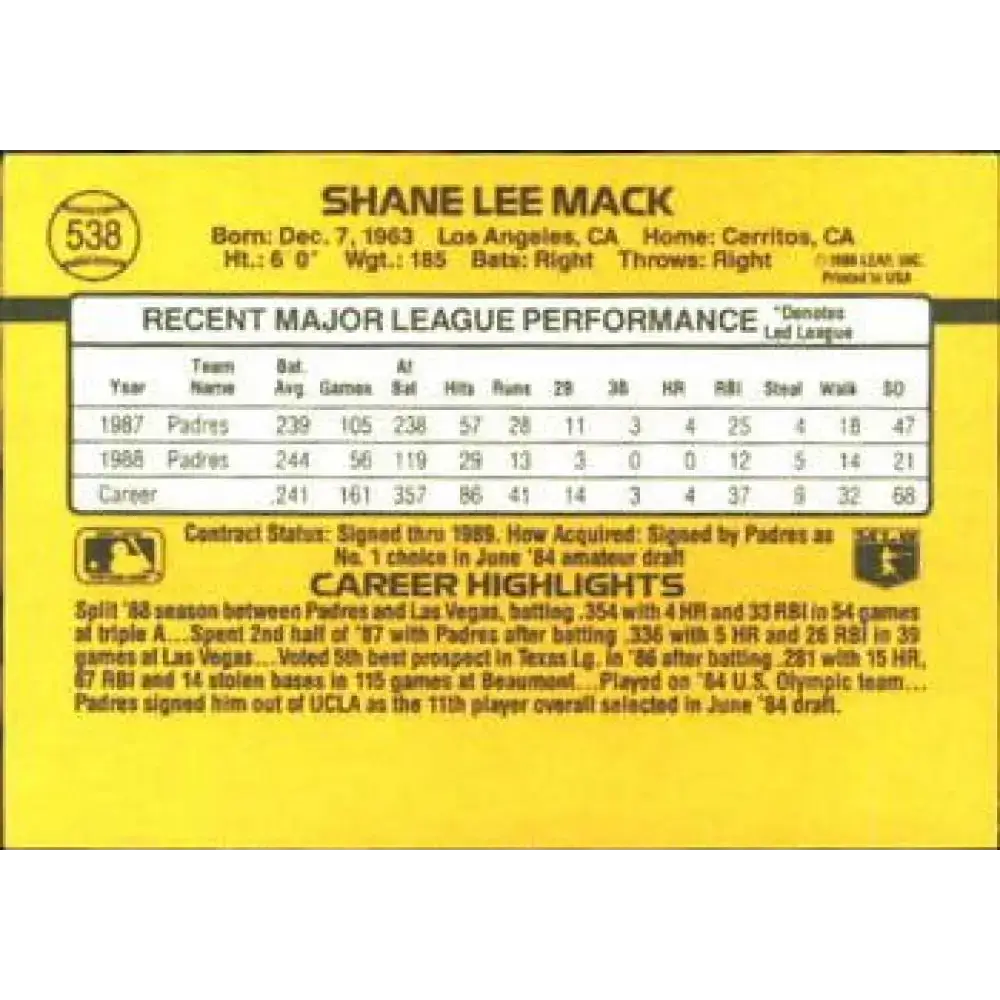 1989 Donruss #538 Shane Mack DP NM-MT San Diego Padres Baseball Card - Baseball Card Single