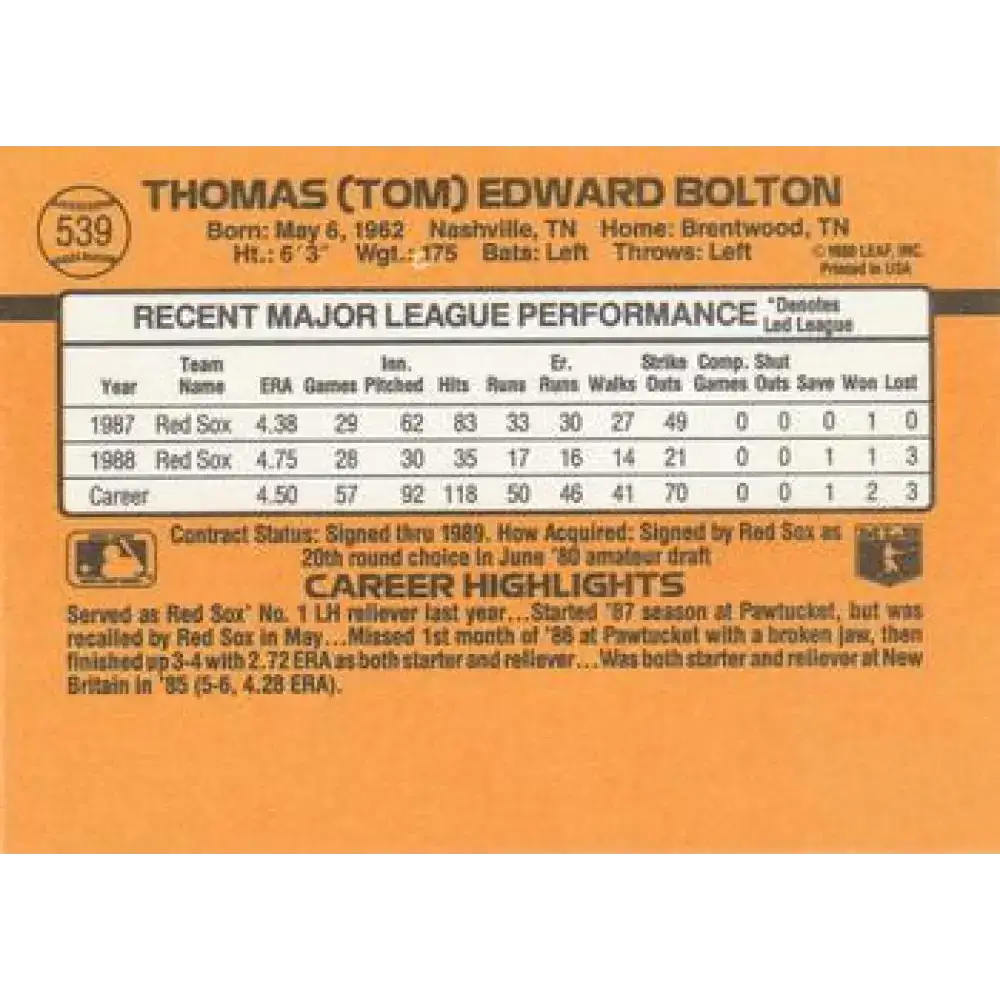 1989 Donruss #539 Tom Bolton DP NM-MT Boston Red Sox Baseball Card - Baseball Card Single