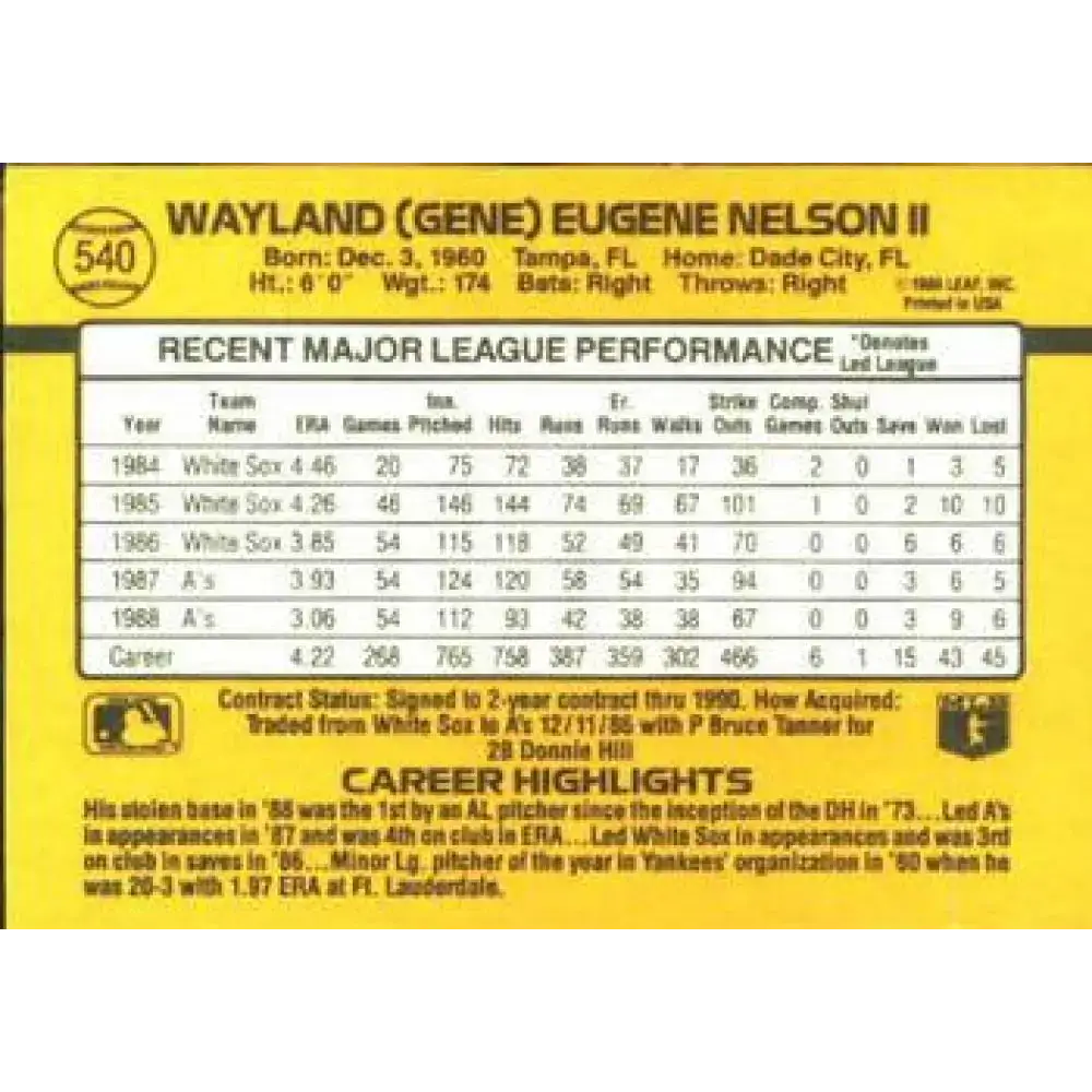 1989 Donruss #540 Gene Nelson DP NM-MT Oakland Athletics Baseball Card - Baseball Card Single