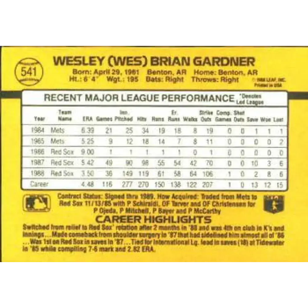 1989 Donruss #541 Wes Gardner DP NM-MT Boston Red Sox Baseball Card - Baseball Card Single