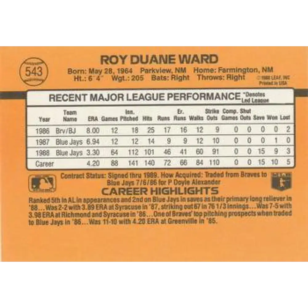1989 Donruss #543 Duane Ward DP NM-MT Toronto Blue Jays Baseball Card - Baseball Card Single