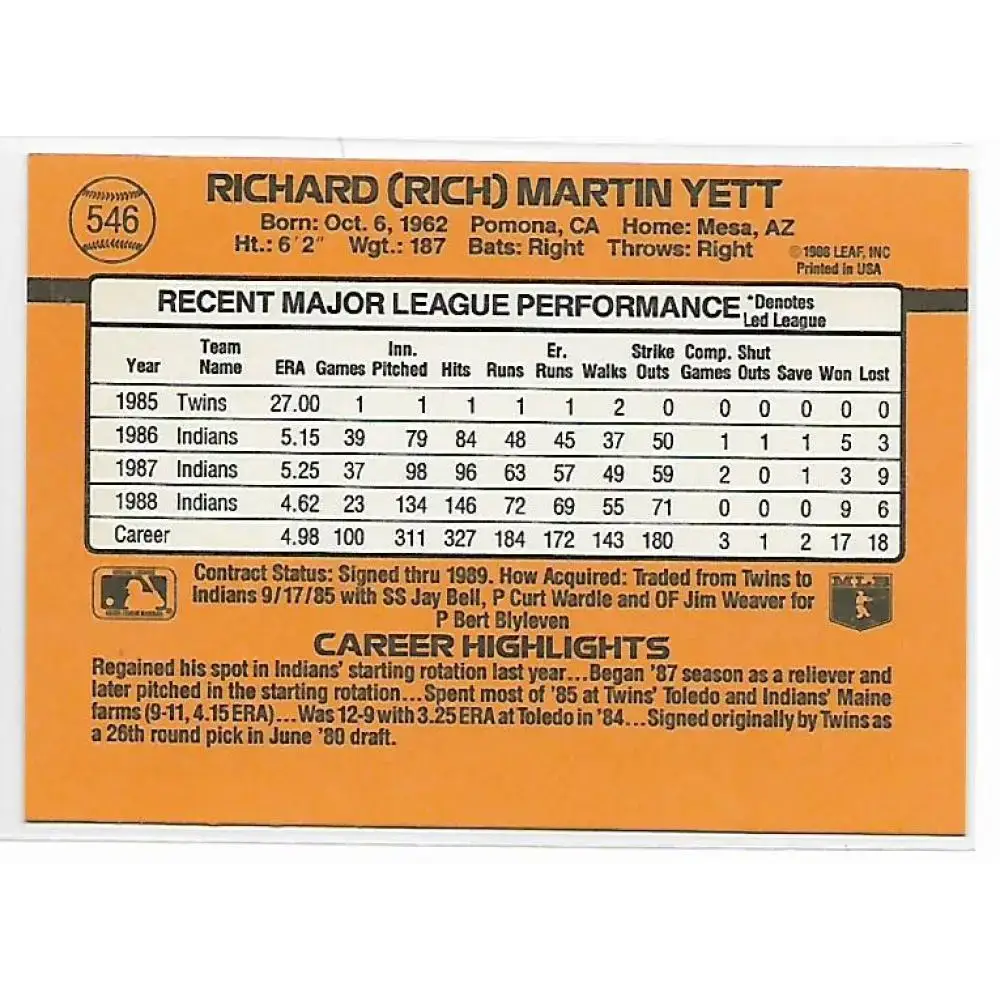 1989 Donruss #546 Rich Yett DP NM-MT Cleveland Indians Baseball Card - Baseball Card Single