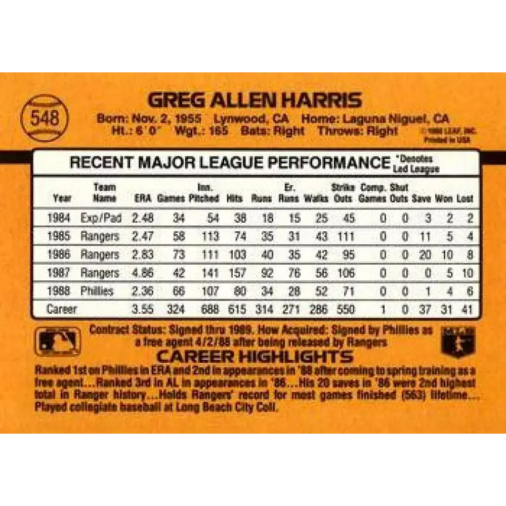 1989 Donruss #548 Greg Harris DP NM-MT Philadelphia Phillies Baseball Card - Baseball Card Single