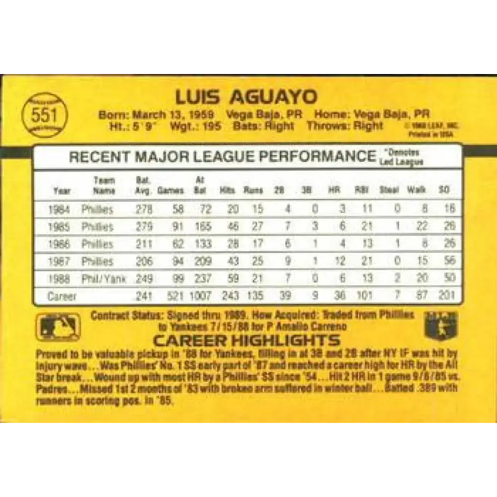 1989 Donruss #551 Luis Aguayo DP NM-MT New York Yankees Baseball Card - Baseball Card Single