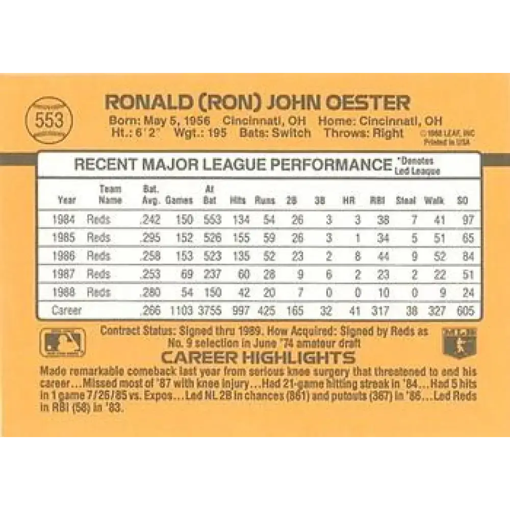 1989 Donruss #553 Ron Oester DP NM-MT Cincinnati Reds Baseball Card - Baseball Card Single
