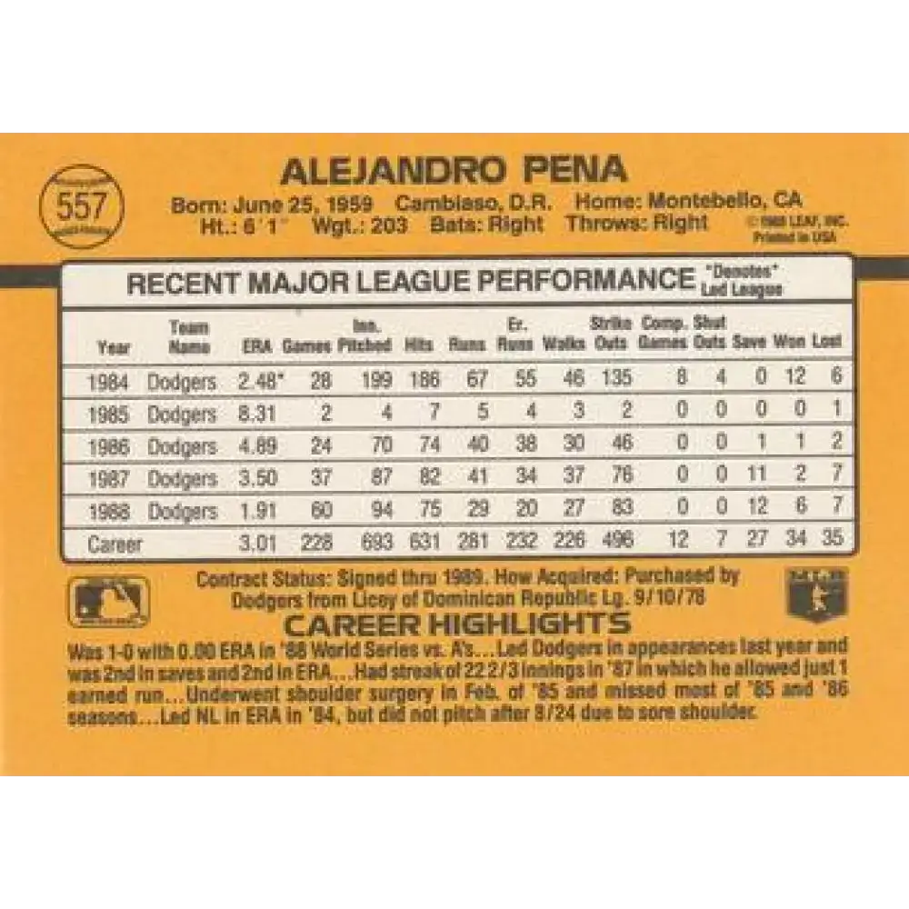 1989 Donruss #557 Alejandro Pena DP NM-MT Los Angeles Dodgers Baseball Card - Baseball Card Single