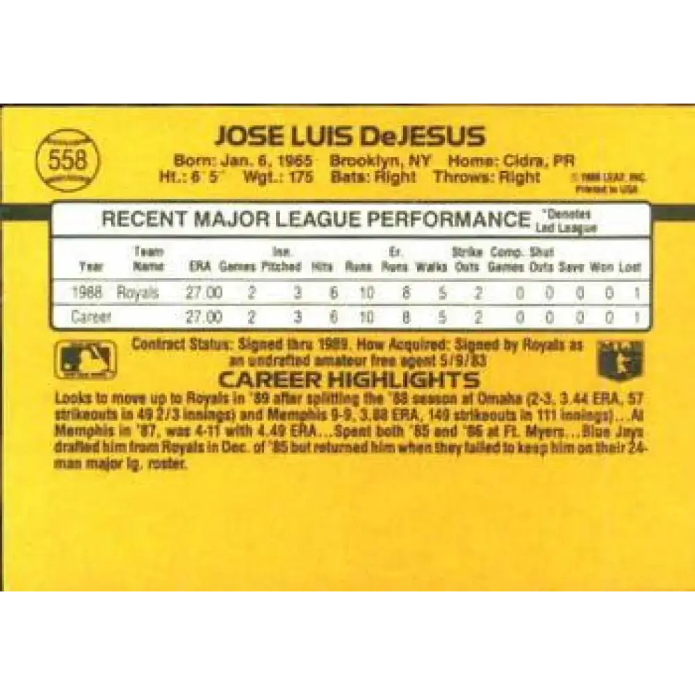1989 Donruss #558 Jose DeJesus DP NM-MT RC Rookie Kansas City Royals Baseball Card - Baseball Card Single
