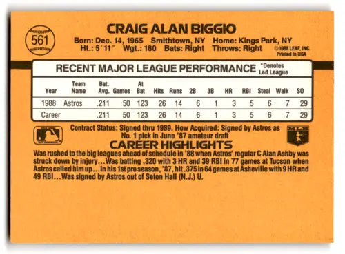 Original gloss Craig Biggio rookie Astros baseball card 1989 Donruss #561 NM near mint