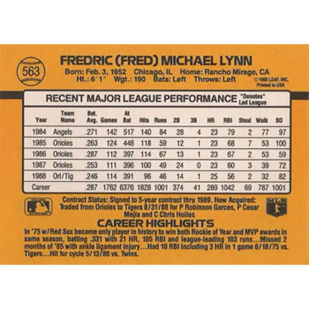 1989 Donruss #563 Fred Lynn DP NM-MT Detroit Tigers Baseball Card - Baseball Card Single