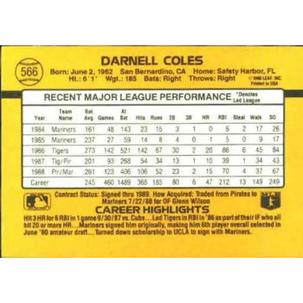 1989 Donruss #566 Darnell Coles DP NM-MT Seattle Mariners Baseball Card - Baseball Card Single