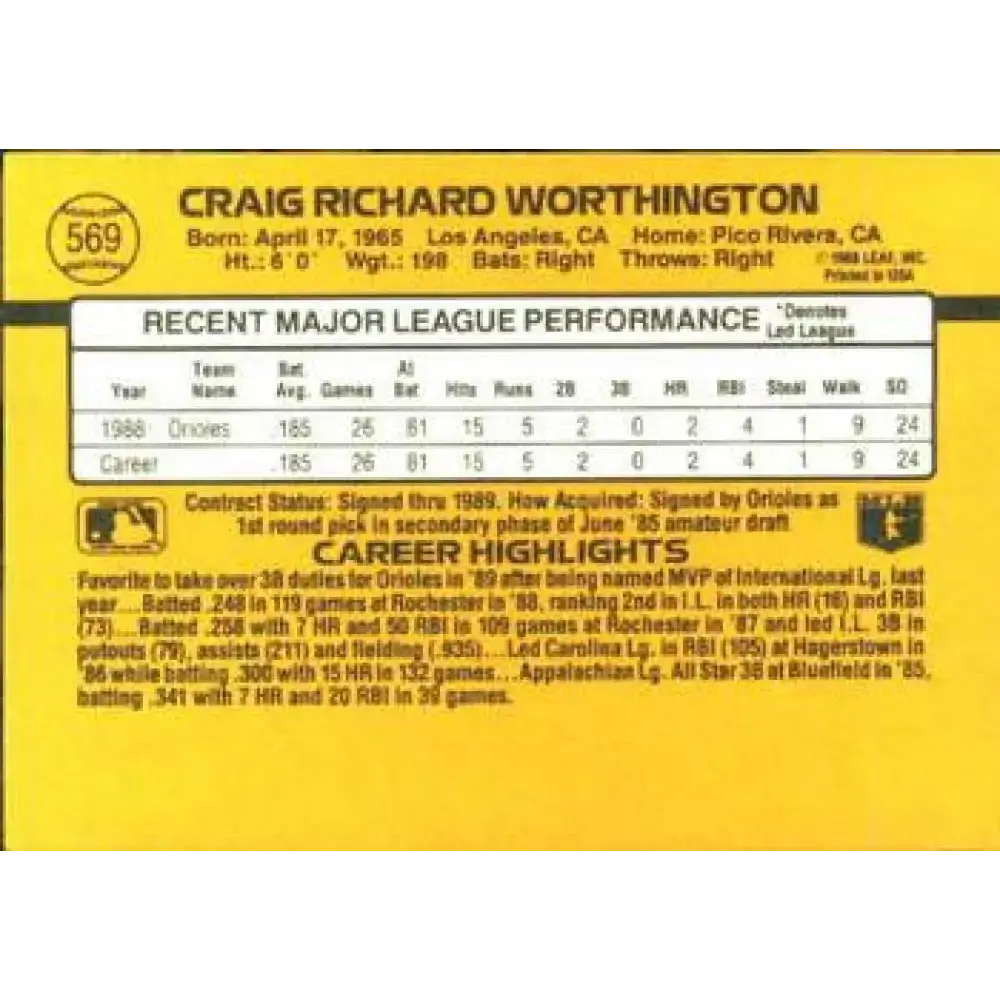 1989 Donruss #569 Craig Worthington DP NM-MT Baltimore Orioles Baseball Card - Baseball Card Single