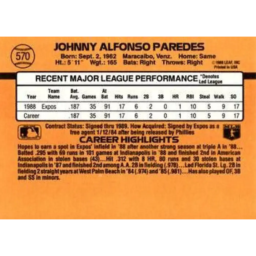 1989 Donruss #570 Johnny Paredes DP NM-MT RC Rookie Montreal Expos Baseball Card - Baseball Card Single