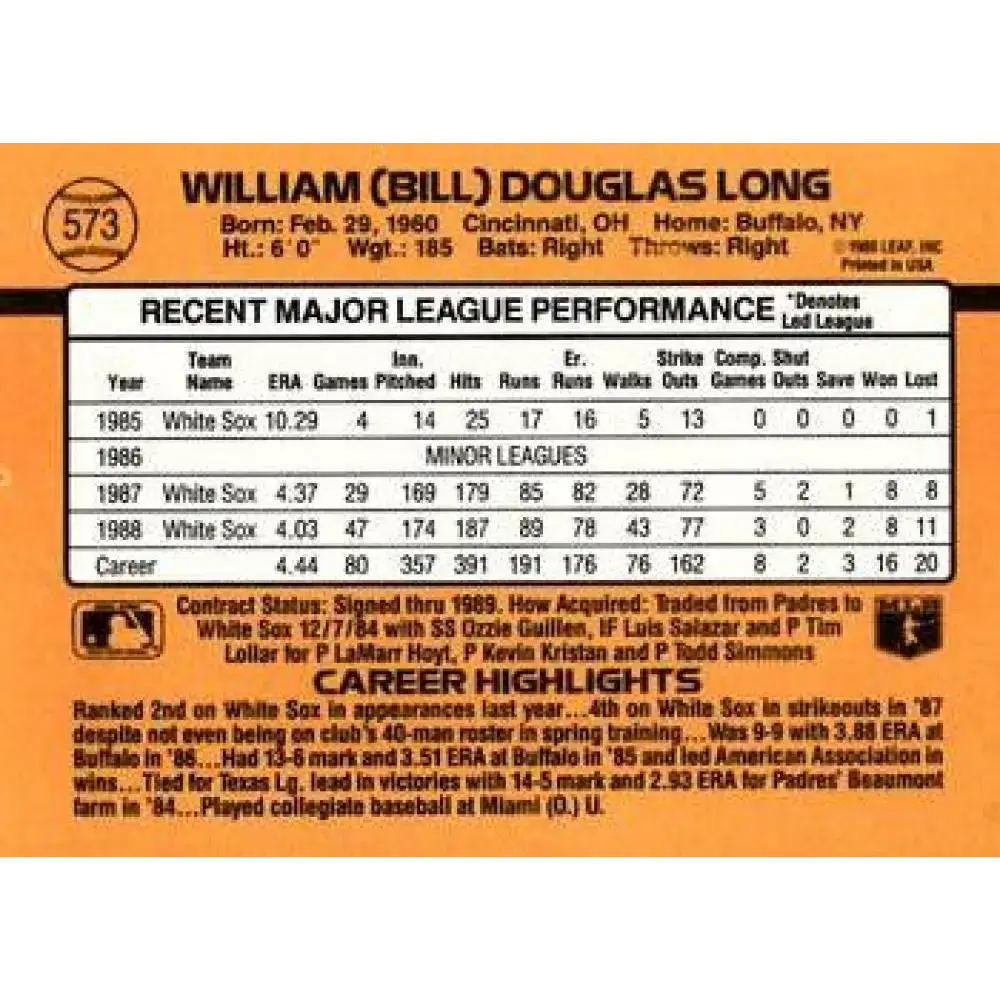1989 Donruss #573 Bill Long DP NM-MT Chicago White Sox Baseball Card - Baseball Card Single