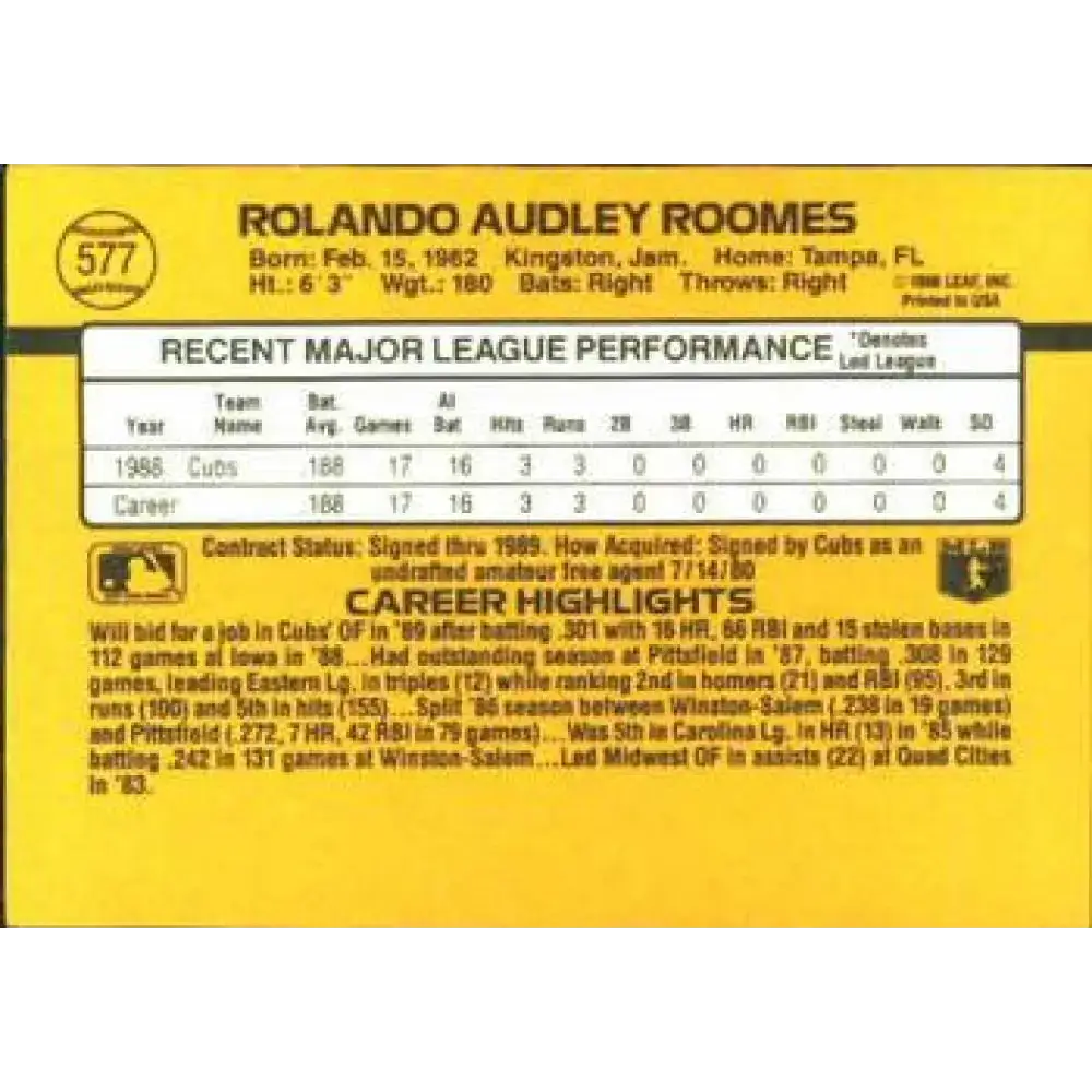 1989 Donruss #577 Rolando Roomes DP NM-MT Chicago Cubs Baseball Card - Baseball Card Single