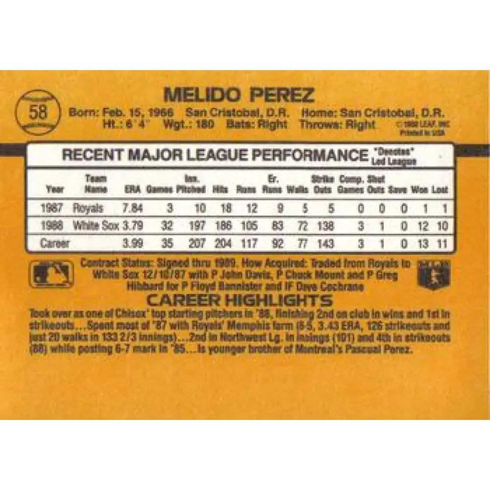 1989 Donruss #58 Melido Perez NM-MT Chicago White Sox Baseball Card - Baseball Card Single