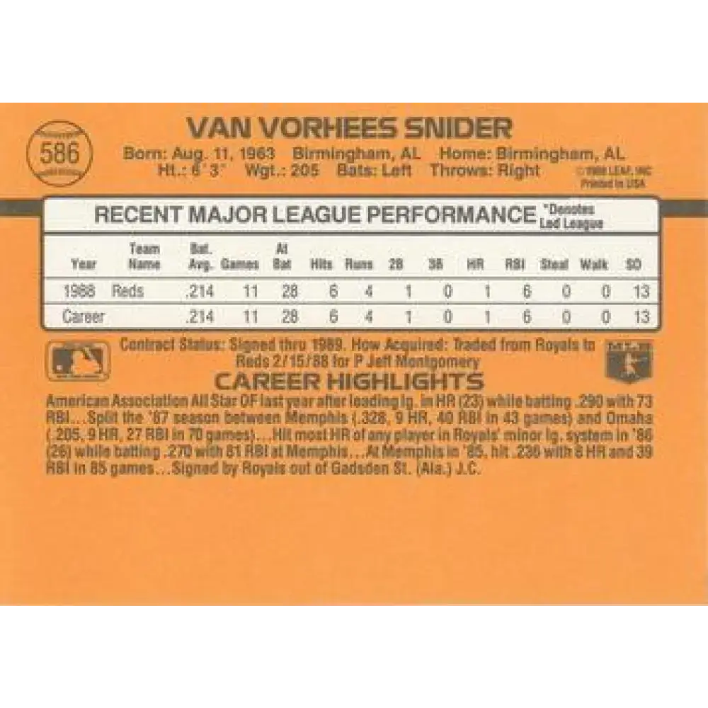1989 Donruss #586 Van Snider DP NM-MT Cincinnati Reds Baseball Card - Baseball Card Single