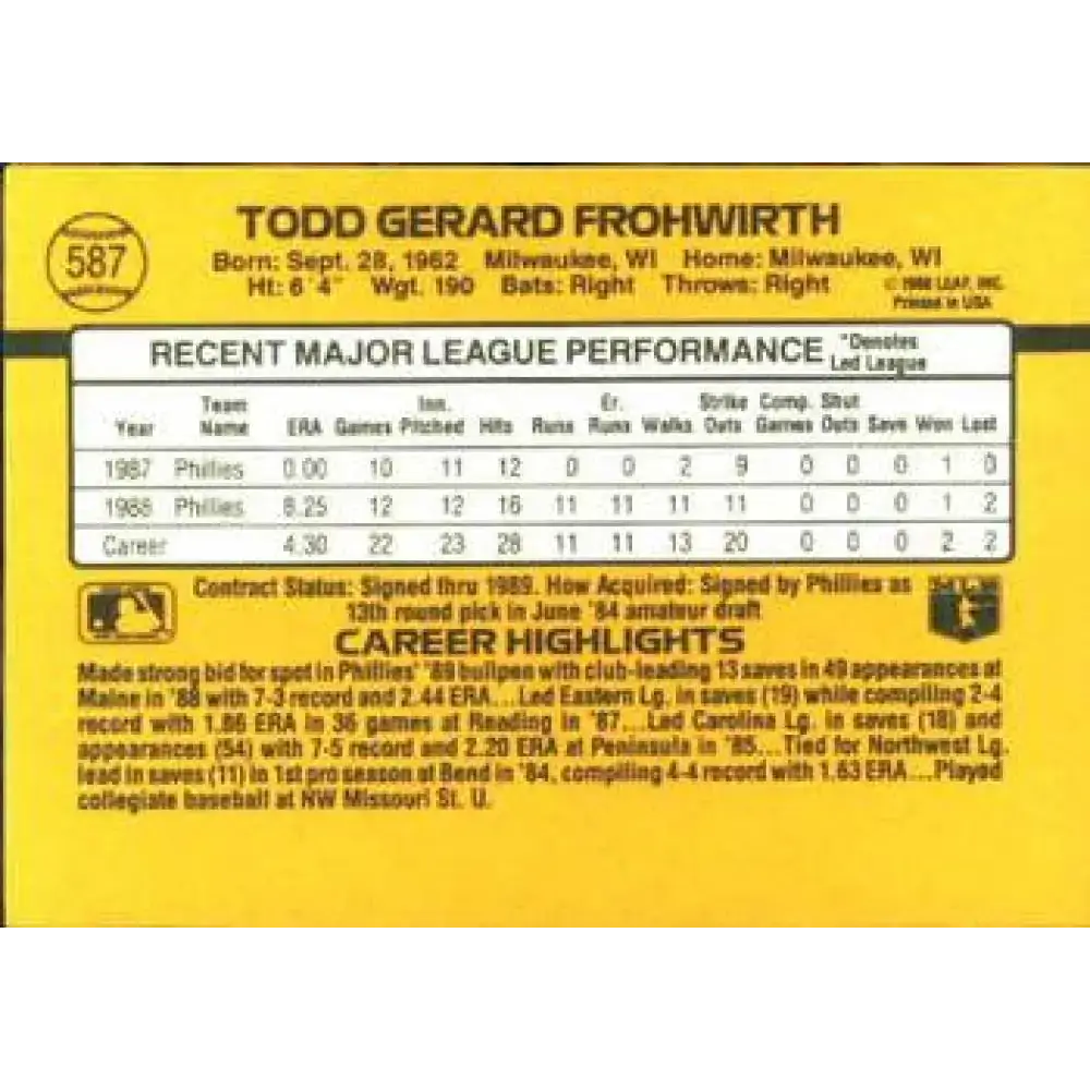 1989 Donruss #587 Todd Frohwirth DP NM-MT Philadelphia Phillies Baseball Card - Baseball Card Single