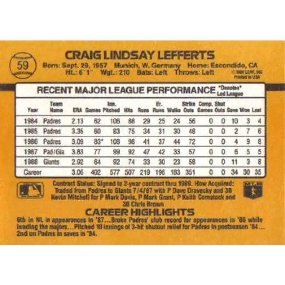 1989 Donruss #59 Craig Lefferts NM-MT San Francisco Giants Baseball Card - Baseball Card Single