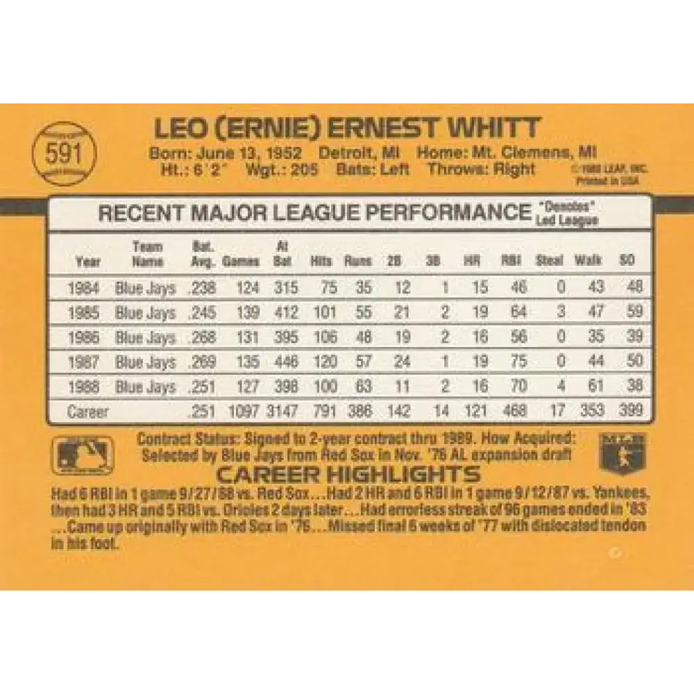 1989 Donruss #591 Ernie Whitt DP NM-MT Toronto Blue Jays Baseball Card - Baseball Card Single