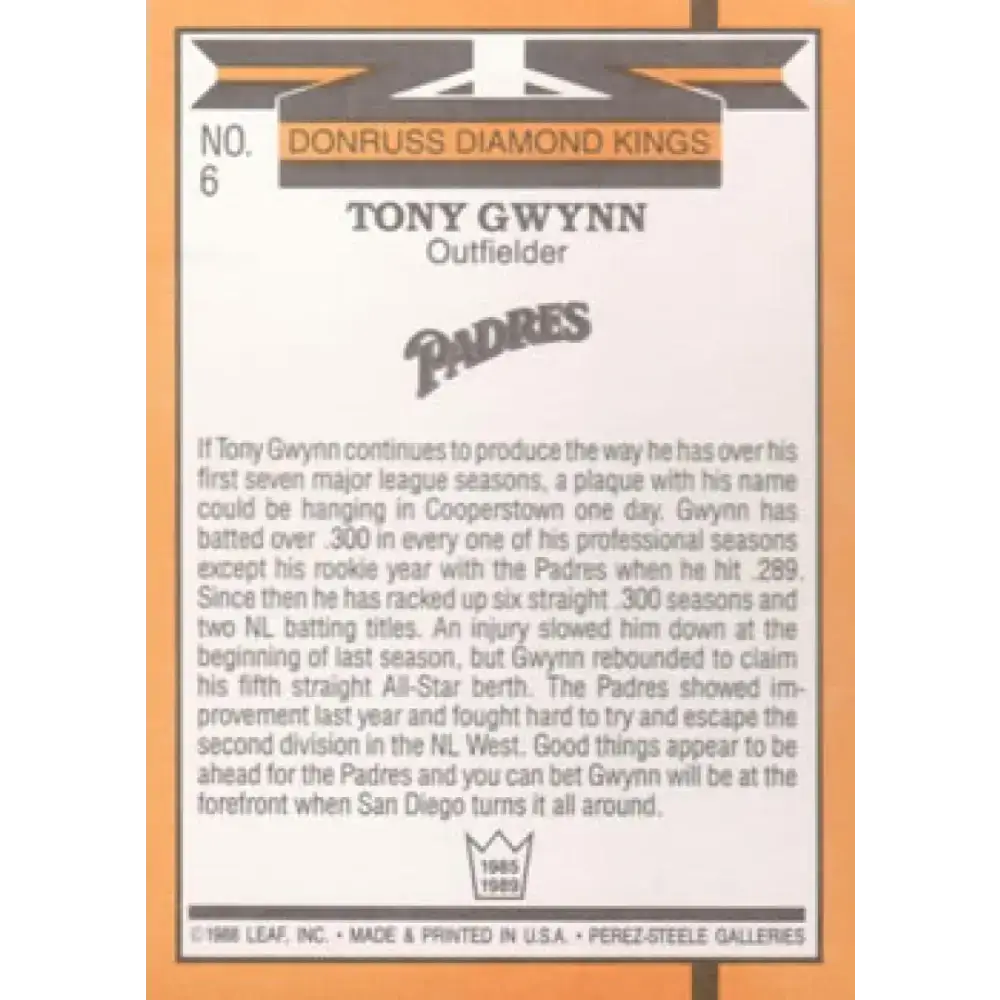 1989 Donruss #6 Tony Gwynn DK DP NM-MT San Diego Padres Baseball Card - Baseball Card Single