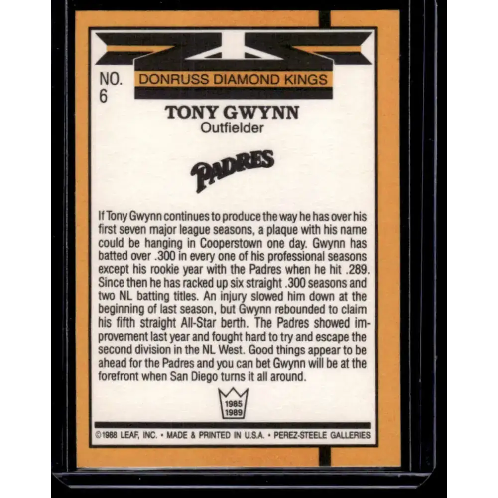 1989 Donruss #6 Tony Gwynn San Diego Padres NM-MT Baseball Card - Baseball Card Single