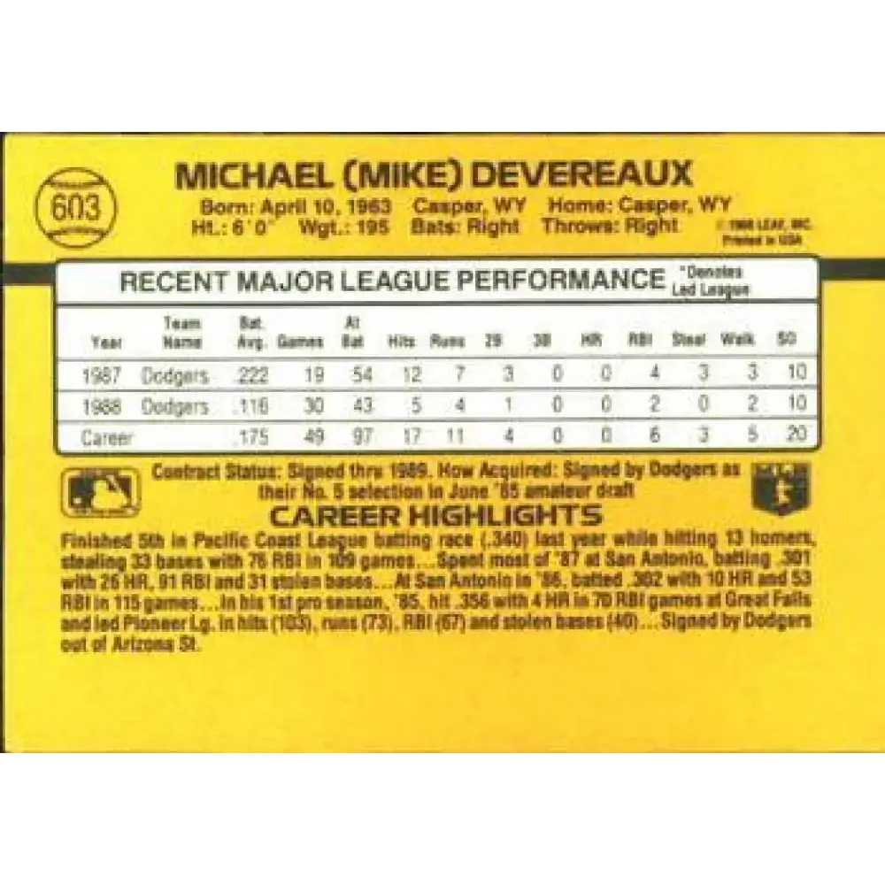 1989 Donruss #603 Mike Devereaux NM-MT Los Angeles Dodgers Baseball Card - Baseball Card Single