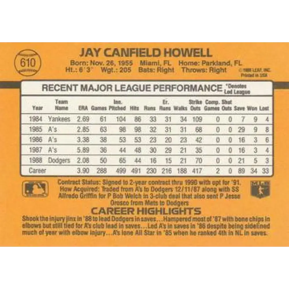 1989 Donruss #610 Jay Howell DP NM-MT Los Angeles Dodgers Baseball Card - Baseball Card Single