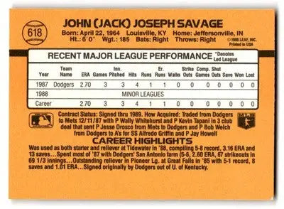 1989 Donruss #618 Jack Savage - Baseball Card Single