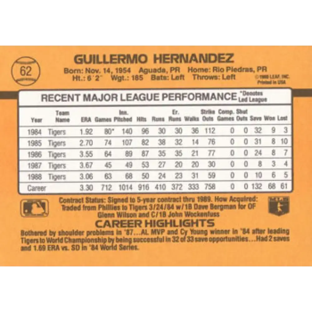 1989 Donruss #62 Guillermo Hernandez NM-MT Detroit Tigers Baseball Card - Baseball Card Single