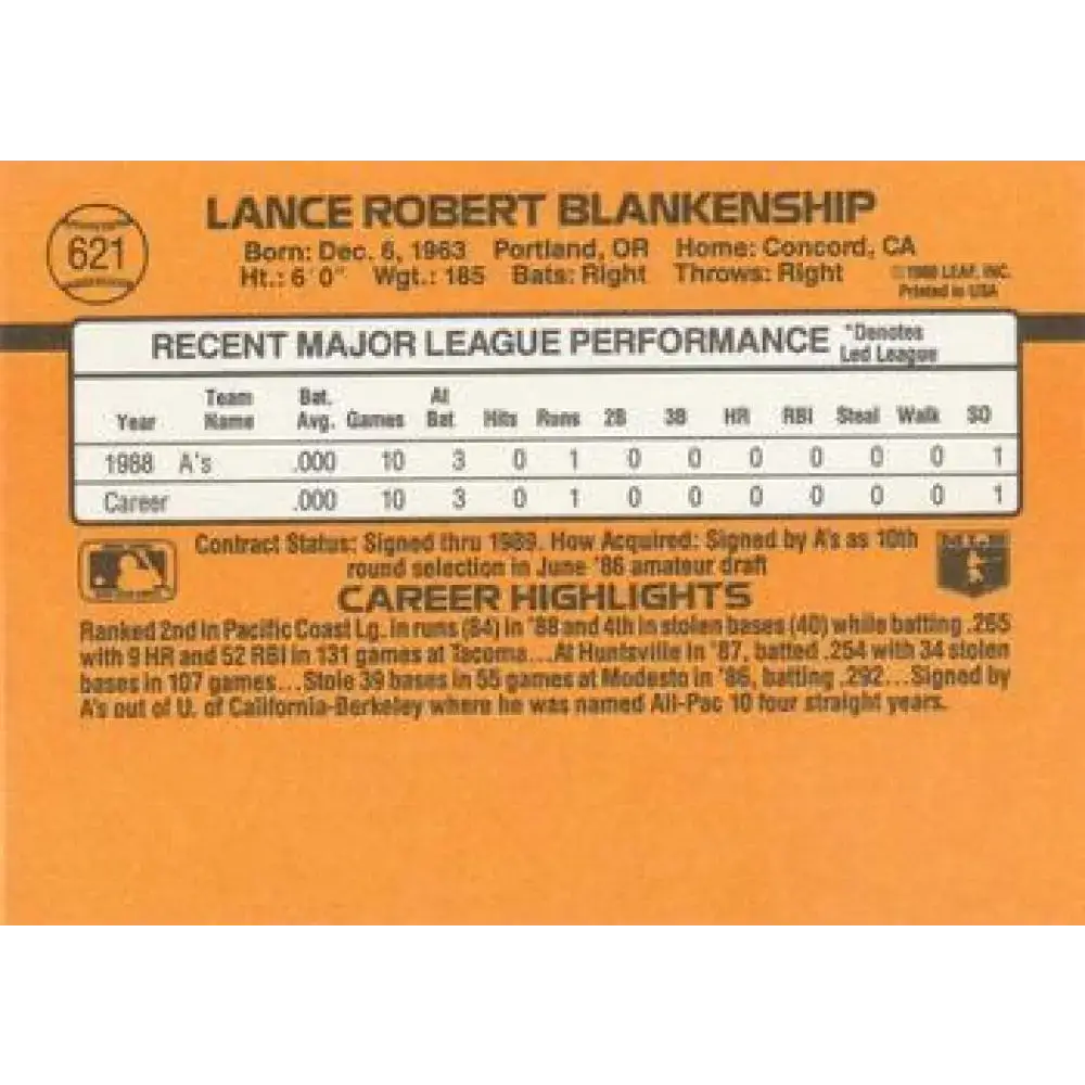 1989 Donruss #621 Lance Blankenship NM-MT RC Rookie Oakland Athletics Baseball Card