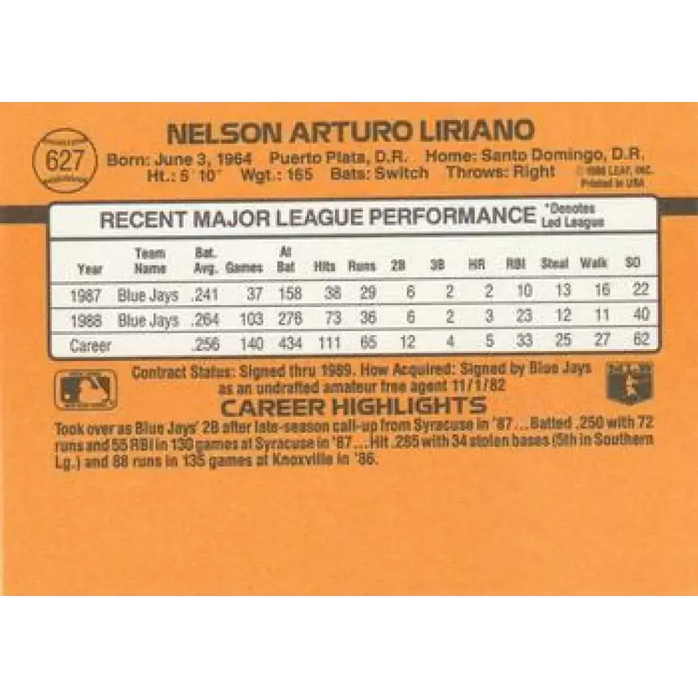 1989 Donruss #627 Nelson Liriano DP NM-MT Toronto Blue Jays Baseball Card - Baseball Card Single