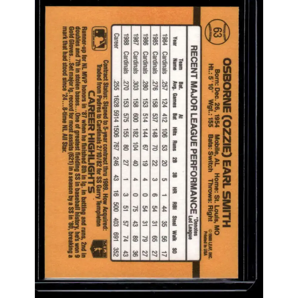 1989 Donruss #63 Ozzie Smith St. Louis Cardinals NM-MT Baseball Card - Baseball Card Single