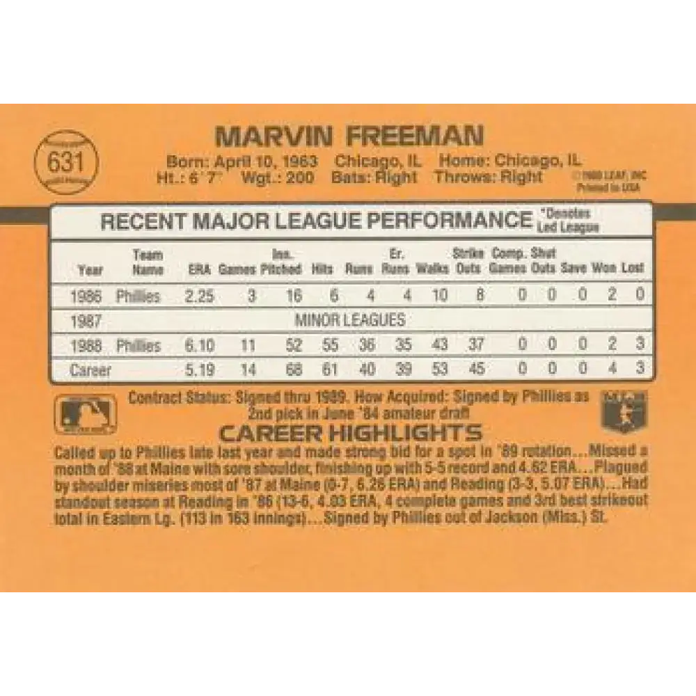 1989 Donruss #631 Marvin Freeman DP NM-MT Philadelphia Phillies Baseball Card - Baseball Card Single