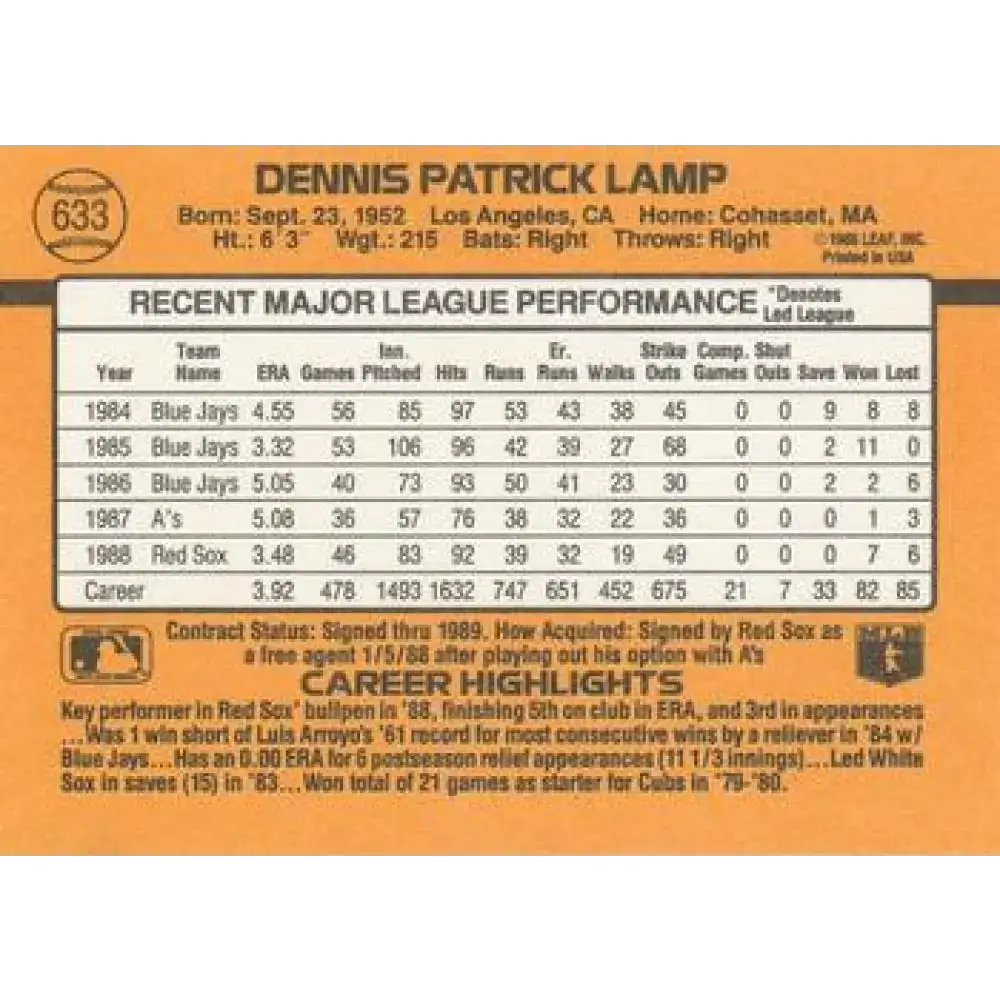 1989 Donruss #633 Dennis Lamp NM-MT Boston Red Sox Baseball Card - Baseball Card Single