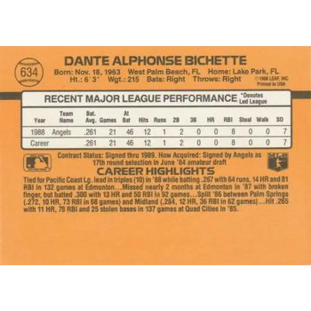 1989 Donruss #634 Dante Bichette NM-MT RC Rookie California Angels Baseball Card - Baseball Card Single
