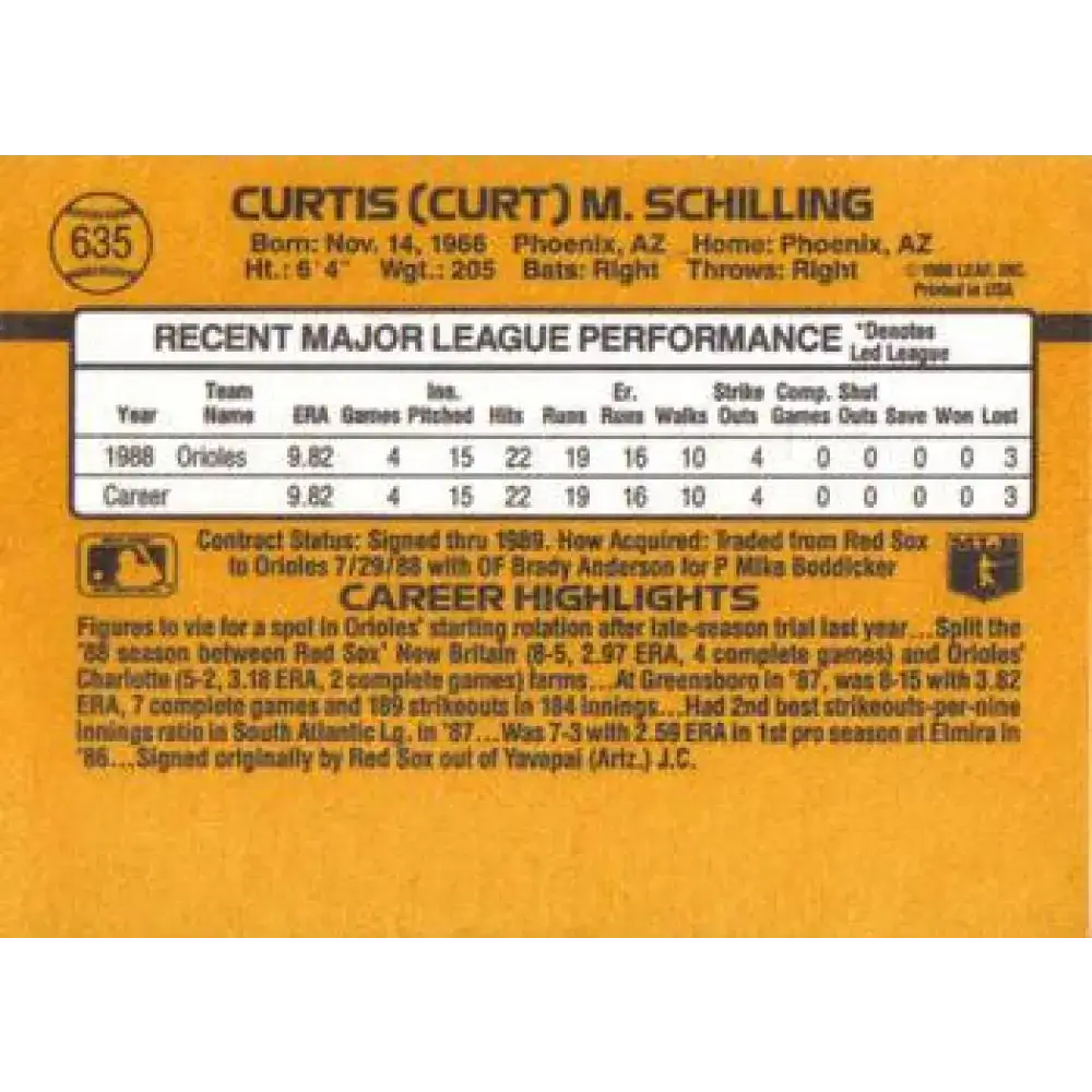 1989 Donruss #635 Curt Schilling DP NM-MT RC Rookie Baltimore Orioles Baseball Card - Baseball Card Single
