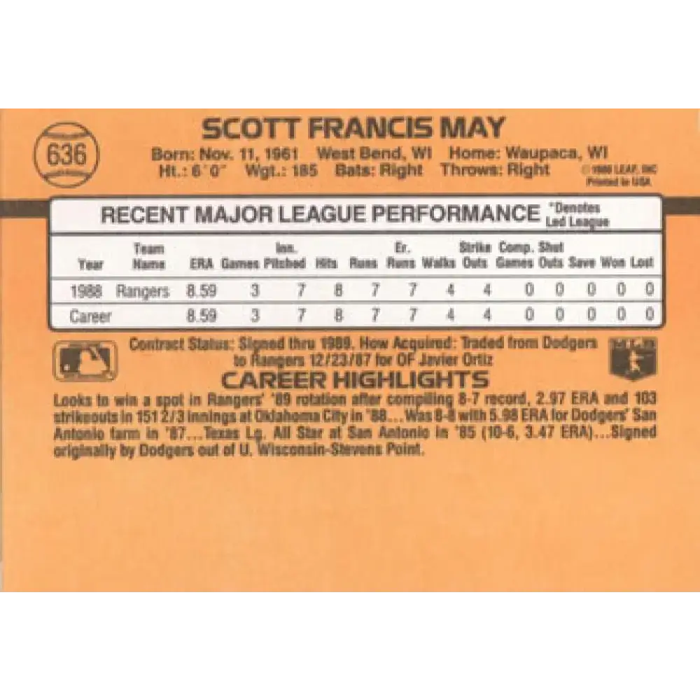 1989 Donruss #636 Scott May DP NM-MT RC Rookie Texas Rangers Baseball Card - Baseball Card Single