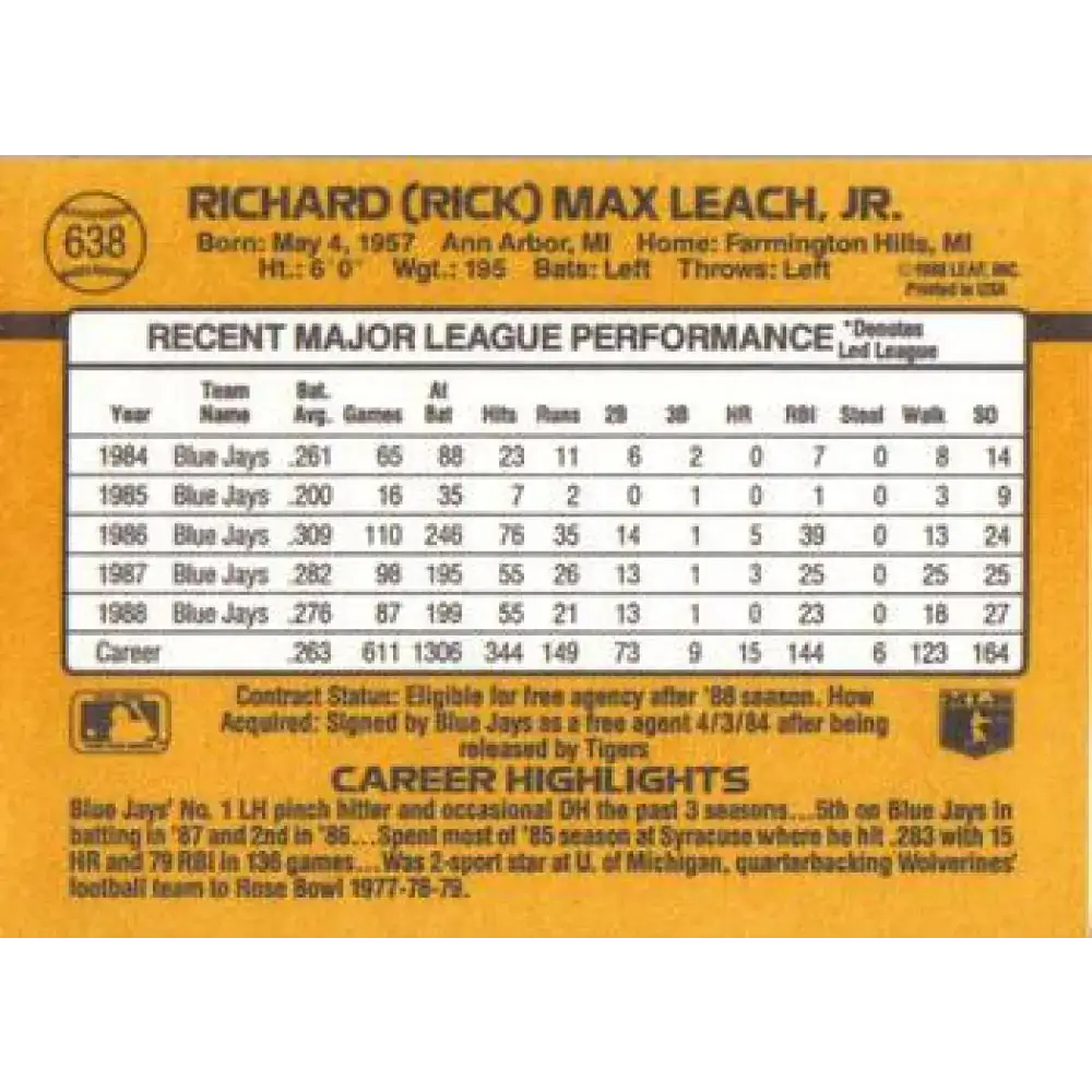1989 Donruss #638 Rick Leach NM-MT Toronto Blue Jays Baseball Card - Baseball Card Single