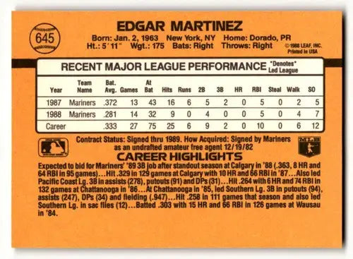 Original gloss Edgar Martinez Seattle Mariners baseball card back detail image