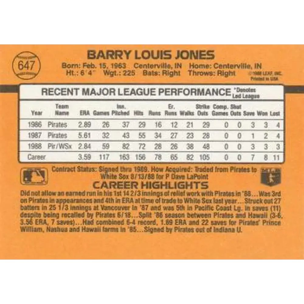 1989 Donruss #647 Barry Jones NM-MT Chicago White Sox Baseball Card - Baseball Card Single
