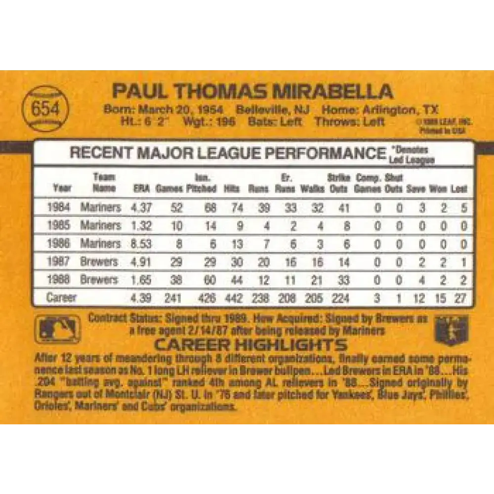 1989 Donruss #654 Paul Mirabella NM-MT Milwaukee Brewers Baseball Card - Baseball Card Single