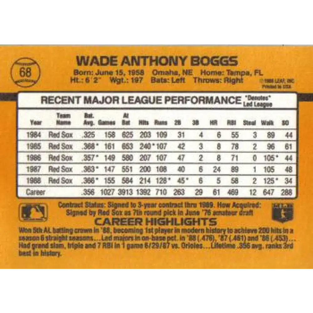 1989 Donruss #68 Wade Boggs NM-MT Boston Red Sox Baseball Card - Baseball Card Single
