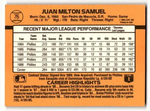 1989 Donruss #76 Juan Samuel Philadelphia Phillies Baseball Cards EX ID:56239